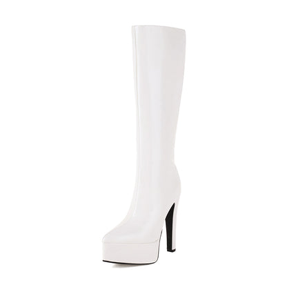 White Vegan Leather Pointed Toe Stiletto Heel Platform Knee-High Boots