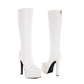 White Vegan Leather Pointed Toe Stiletto Heel Platform Knee-High Boots