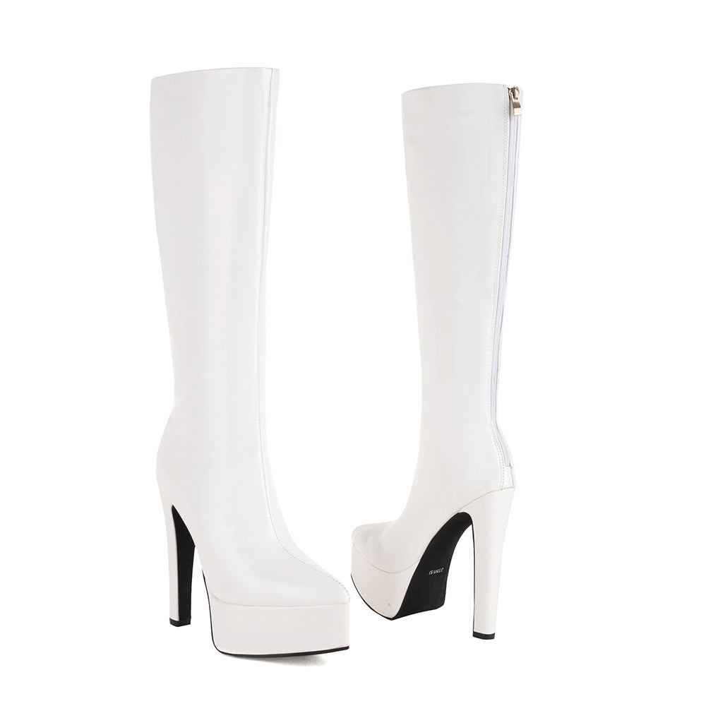 White Vegan Leather Pointed Toe Stiletto Heel Platform Knee-High Boots