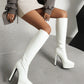 White Vegan Leather Pointed Toe Stiletto Heel Platform Knee-High Boots