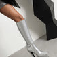 White Vegan Leather Pointed Toe Stiletto Heel Platform Knee-High Boots