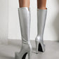 White Vegan Leather Pointed Toe Stiletto Heel Platform Knee-High Boots