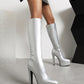 White Vegan Leather Pointed Toe Stiletto Heel Platform Knee-High Boots