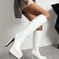 White Vegan Leather Pointed Toe Stiletto Heel Platform Knee-High Boots