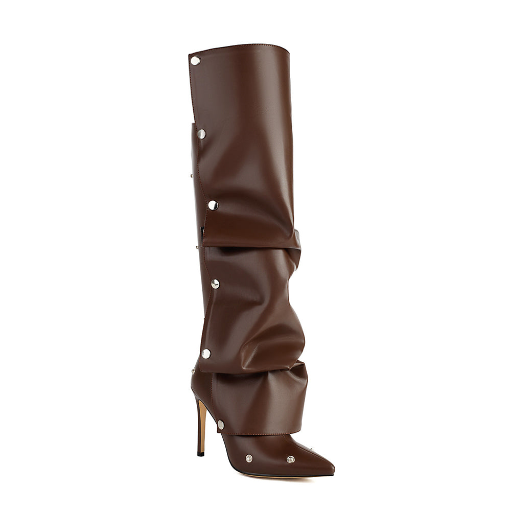 <tc>Brown Fashion Vegan Leather Fold-over Knee High Boots</tc>