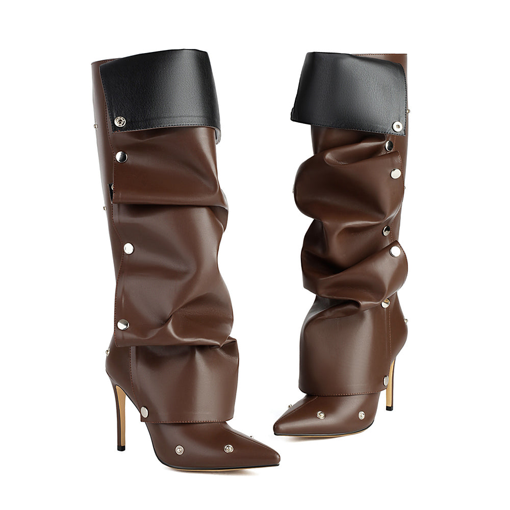 <tc>Brown Fashion Vegan Leather Fold-over Knee High Boots</tc>