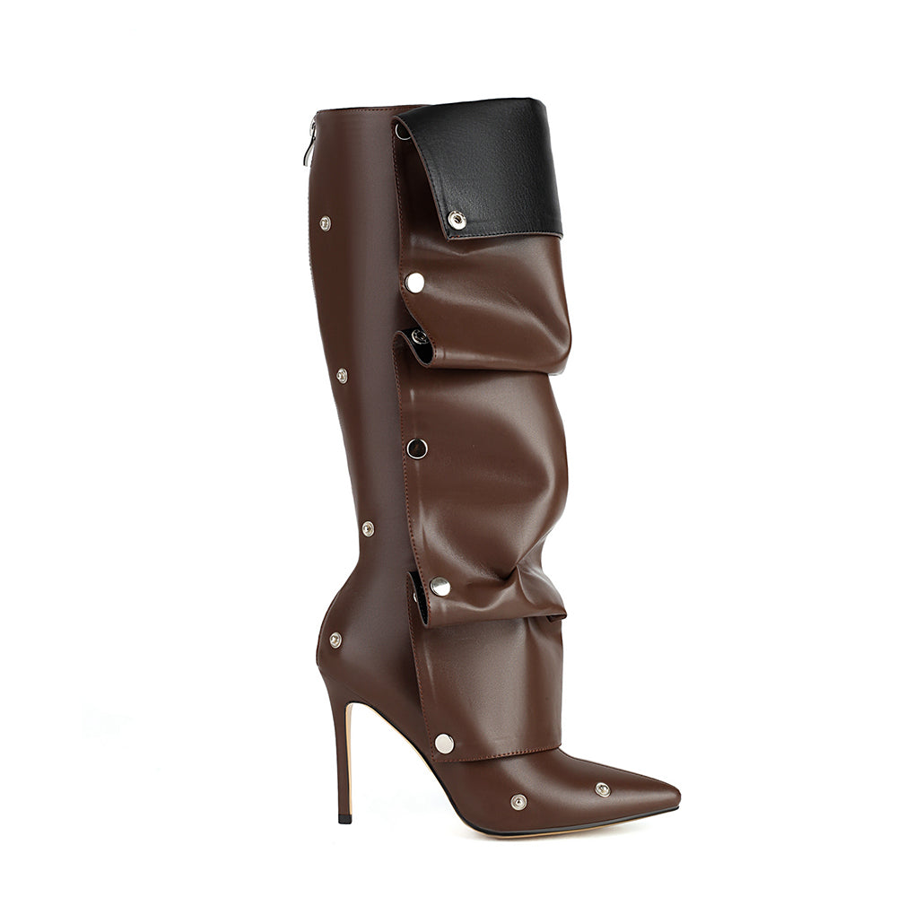 <tc>Brown Fashion Vegan Leather Fold-over Knee High Boots</tc>