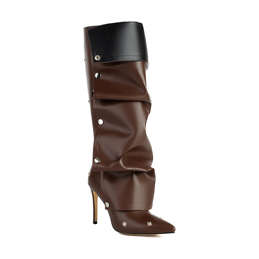 <tc>Brown Fashion Vegan Leather Fold-over Knee High Boots</tc>