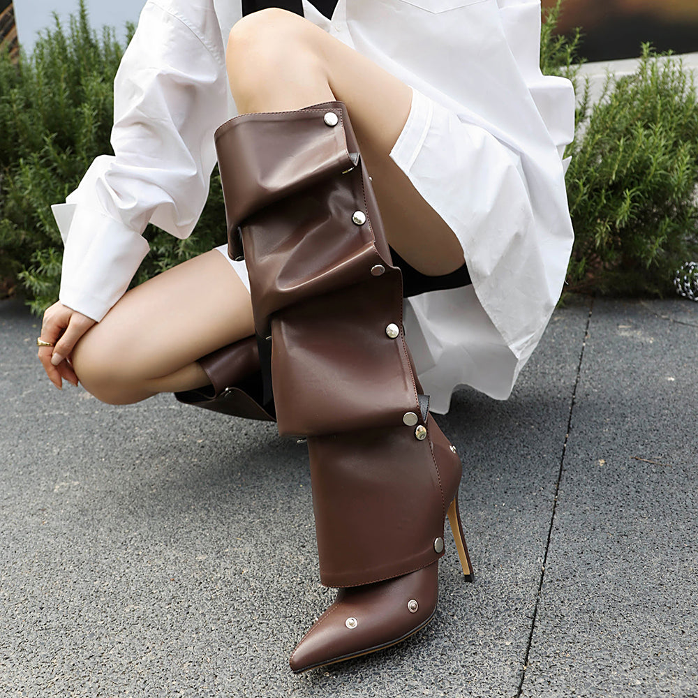 <tc>Brown Fashion Vegan Leather Fold-over Knee High Boots</tc>