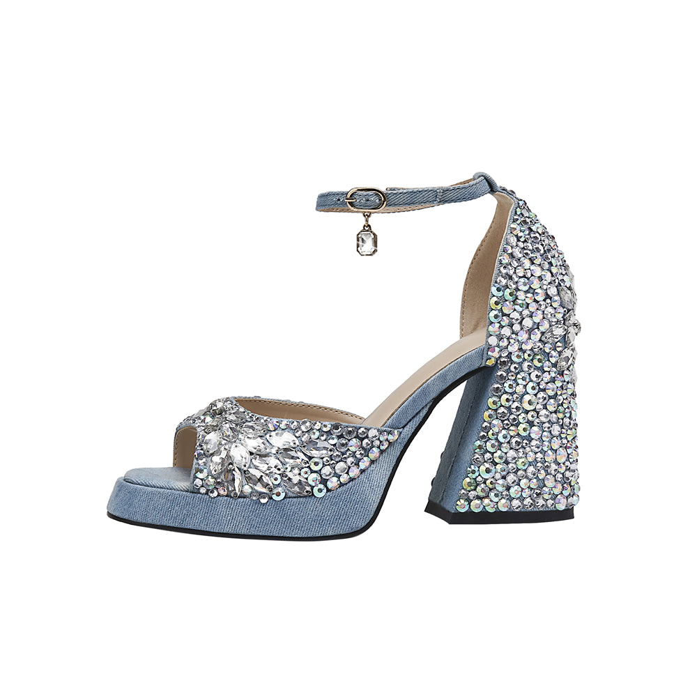 Boule Denim Rhinestone Chunky Heel Ankle Strap Platform Sandals