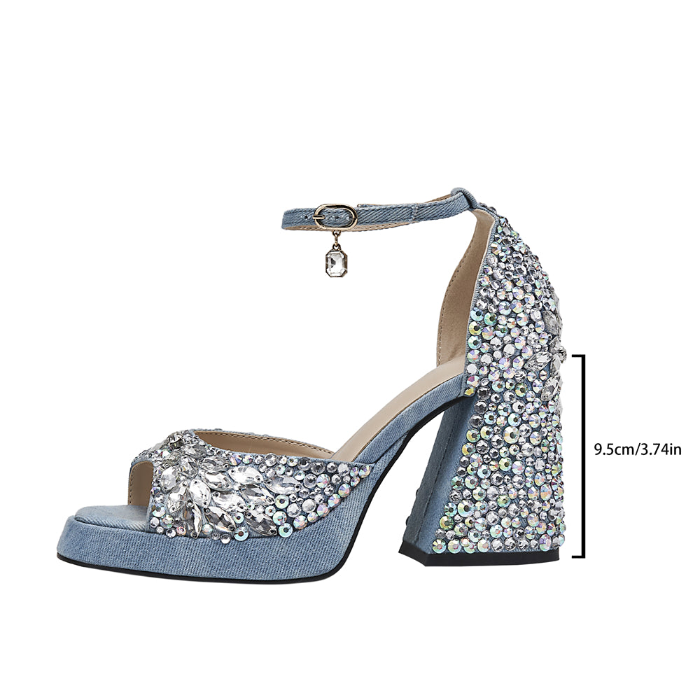 Boule Denim Rhinestone Chunky Heel Ankle Strap Platform Sandals