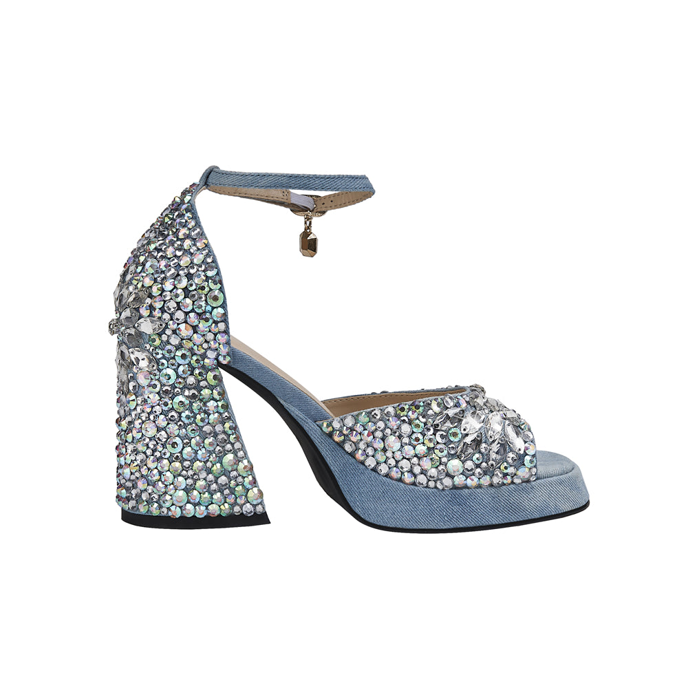 Boule Denim Rhinestone Chunky Heel Ankle Strap Platform Sandals