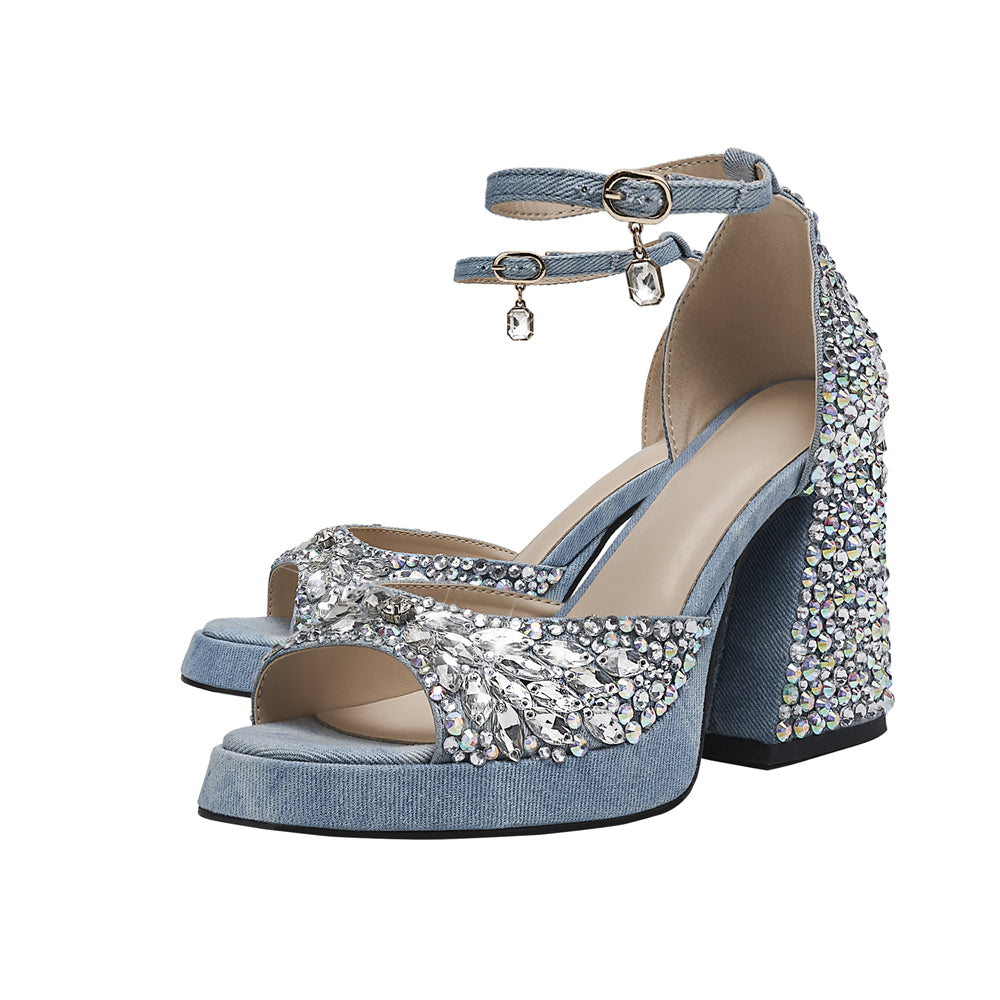 Boule Denim Rhinestone Chunky Heel Ankle Strap Platform Sandals