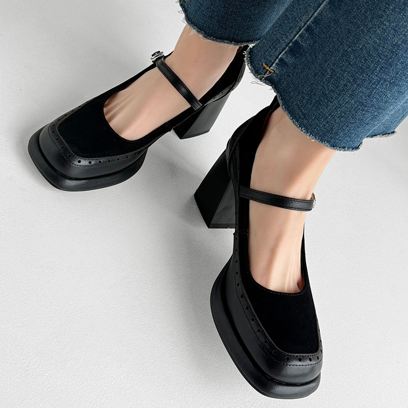 Leather hollow-out square-toe platform Mary Jane pumps