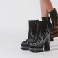 Black Suede Look Fire Pattern Gold Rhinestone Square Toe Platform Ankle Boots