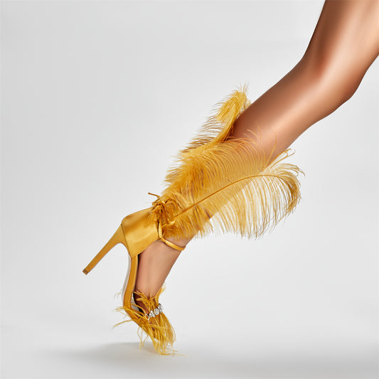 Yellow Feather Nightclub Sexy Point Toe Stiletto Sandals