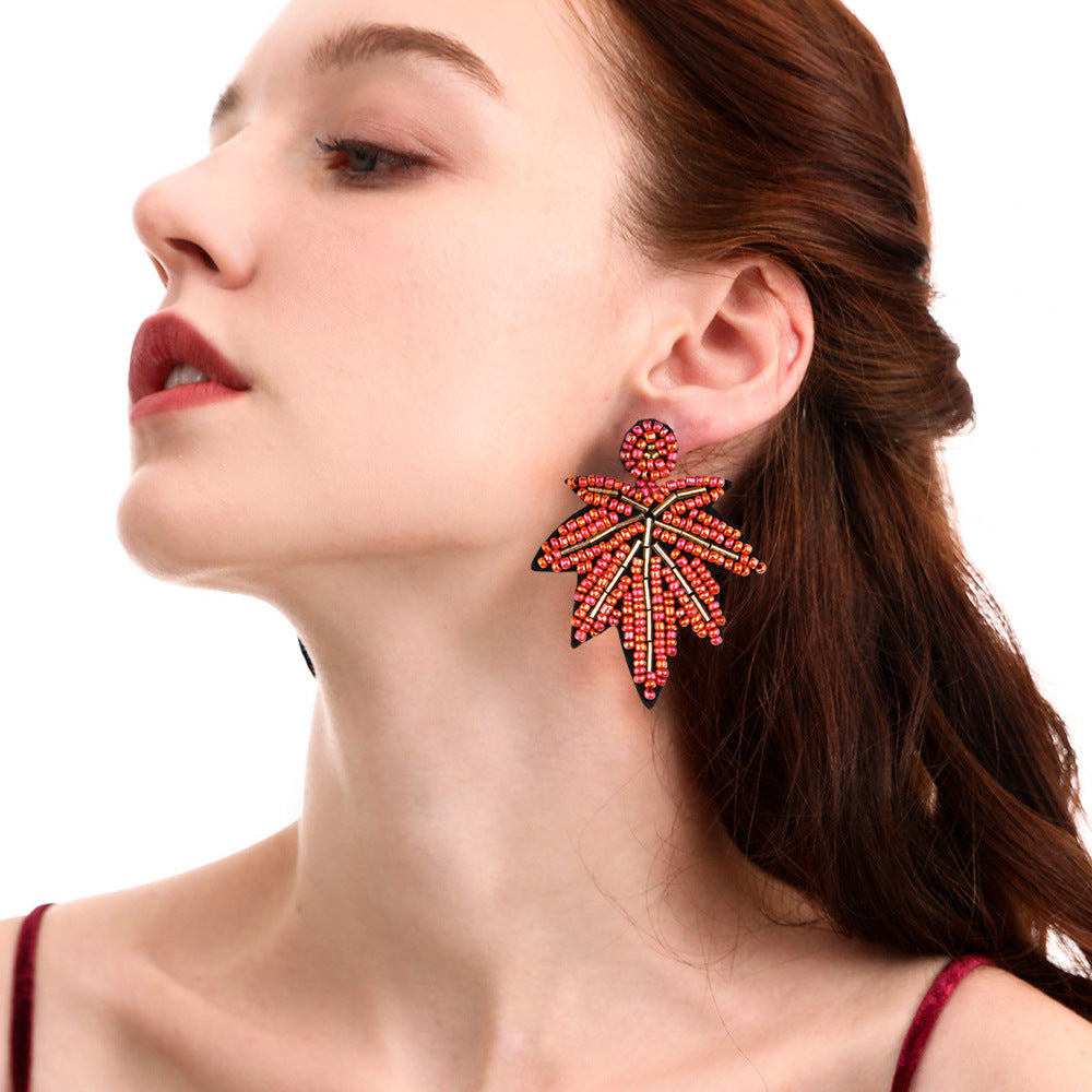 Beaded maple leaf pendant and bohemian beach earrings