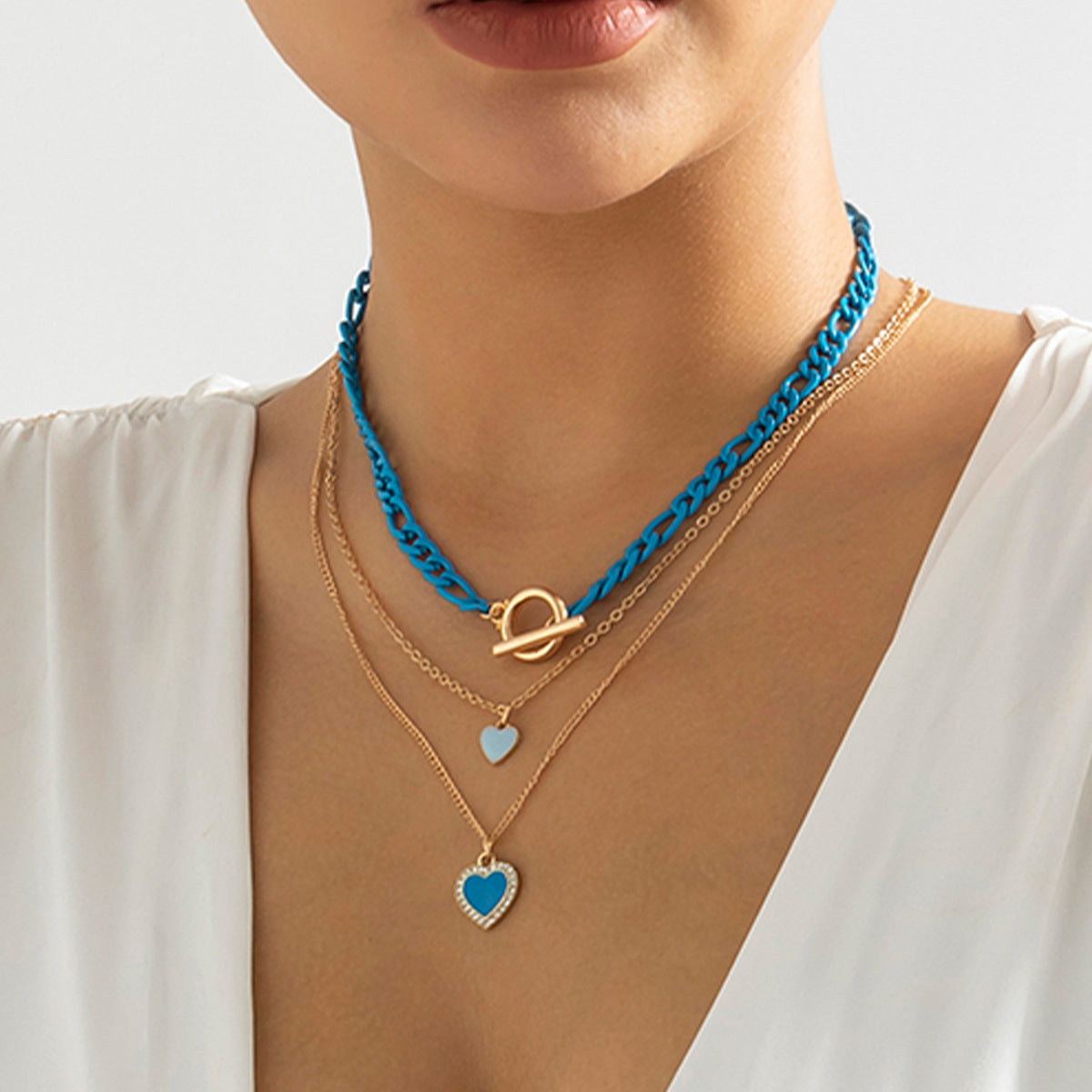 Blue Chunky Chain Heart Fashion Layered Necklace