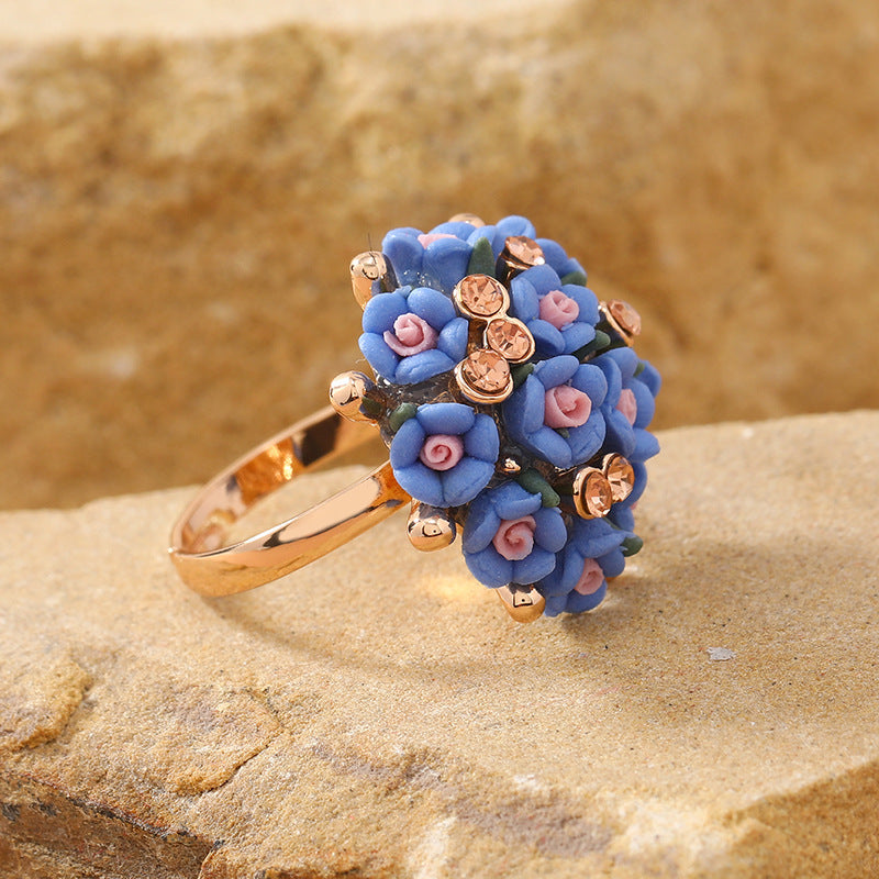 blue small flower rhinestone ring