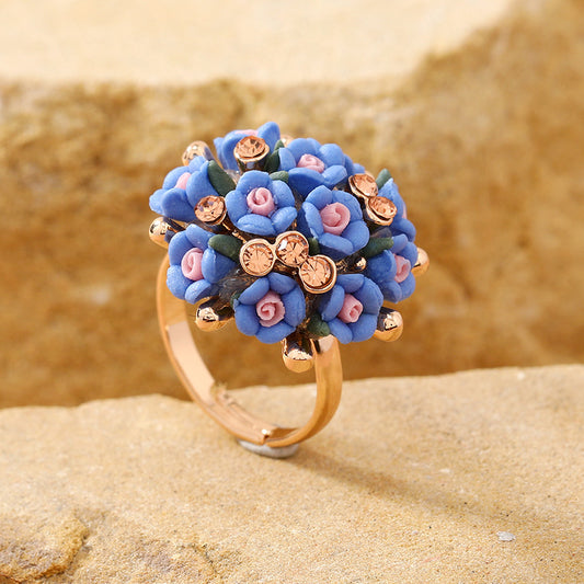 blue small flower rhinestone ring