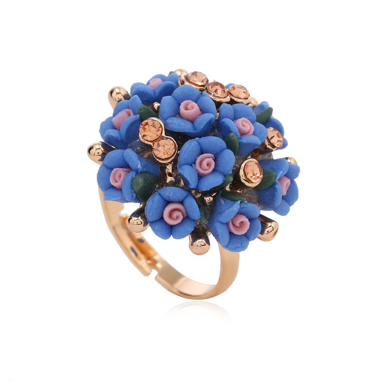 blue small flower rhinestone ring