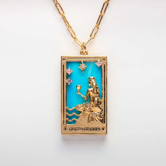 Blue Queen of Cups Pendant Vintage Necklace