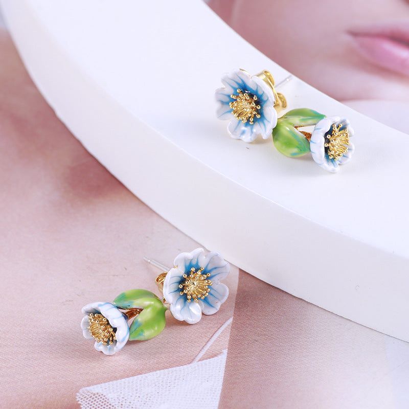 Blue and white flower enamel glaze color earrings