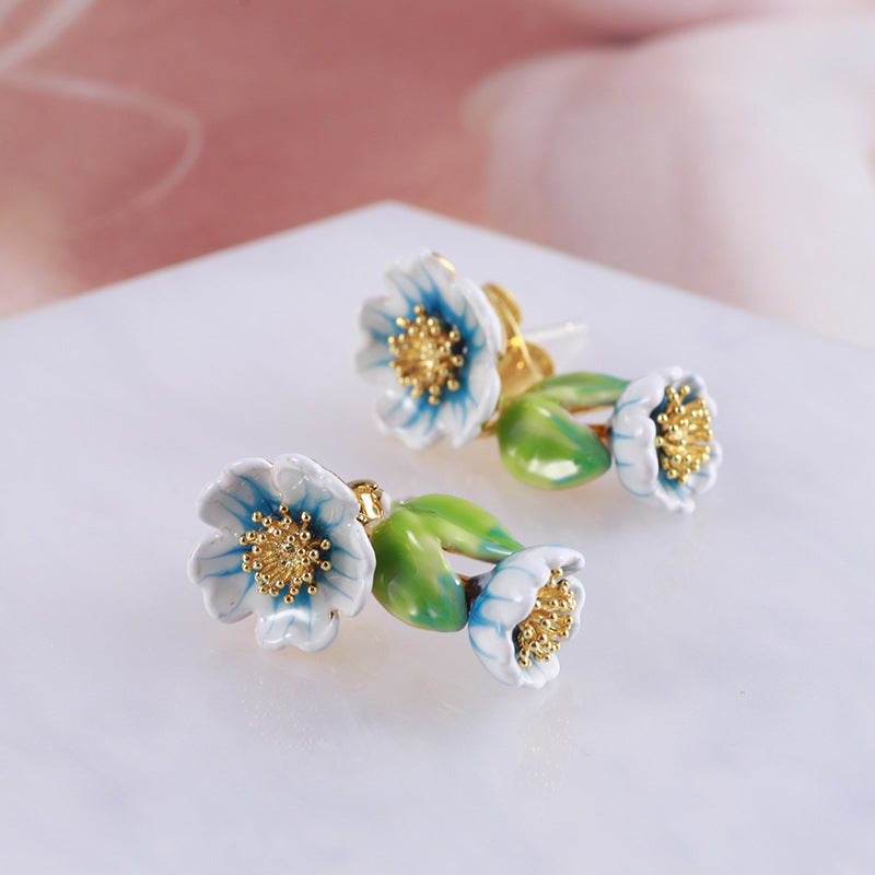 Blue and white flower enamel glaze color earrings