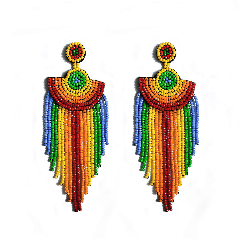 colorful beaded fringe boho earrings