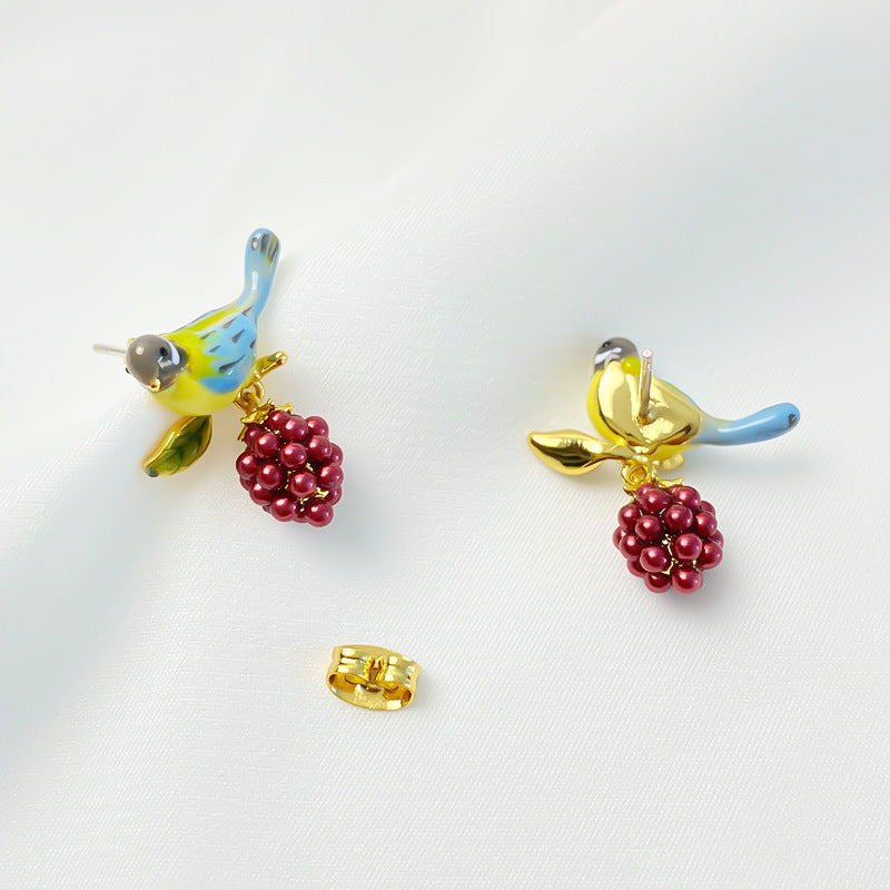 Enamel Color Glaze Cute Blue Tight Raspberry Bird Fashion Ear Studs