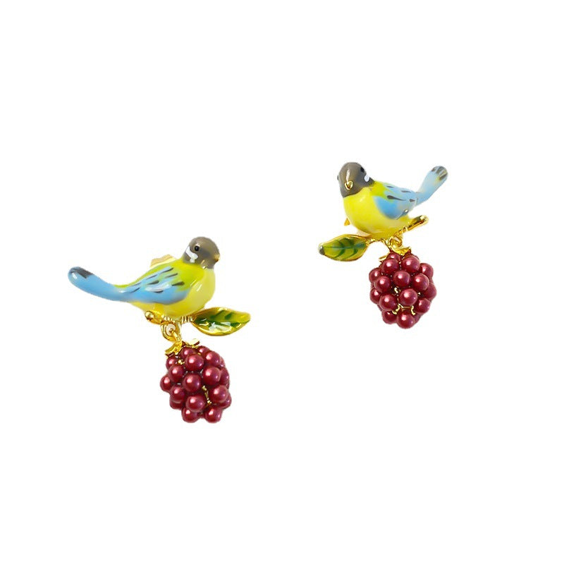 Enamel Color Glaze Cute Blue Tight Raspberry Bird Fashion Ear Studs