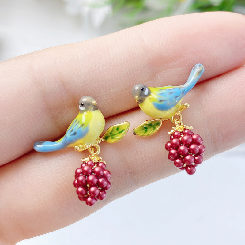 Enamel Color Glaze Cute Blue Tight Raspberry Bird Fashion Ear Studs