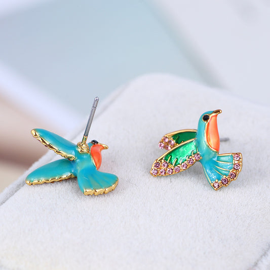 Enamel Color Glaze Cute Hummingbird Shape Rhinestone Ears Studs