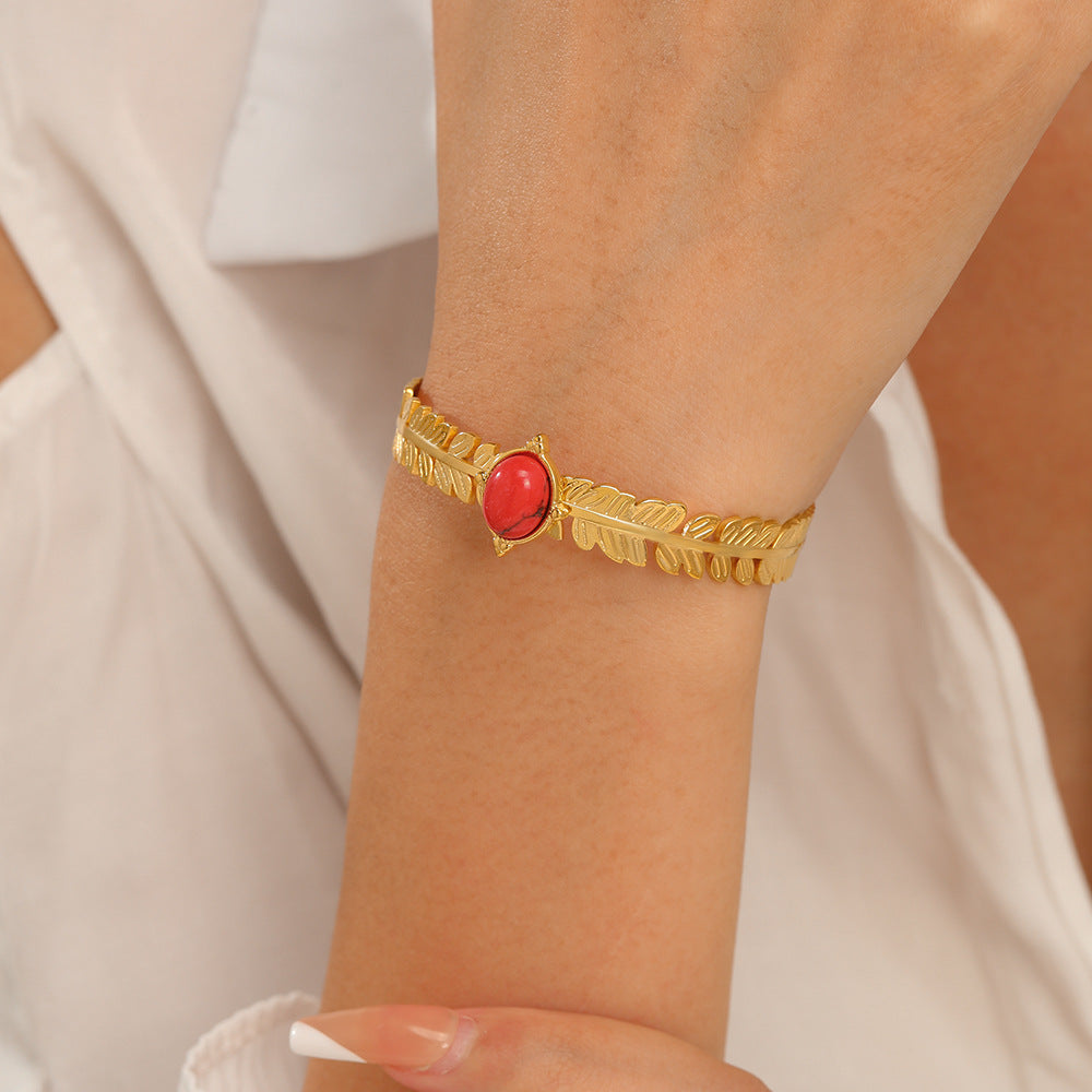 Fashion Red Stone Gold Tone Leaf Bracelet