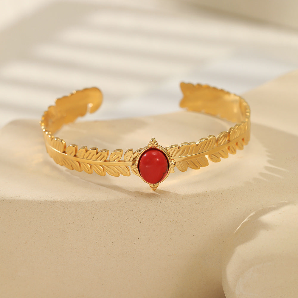 Fashion Red Stone Gold Tone Leaf Bracelet