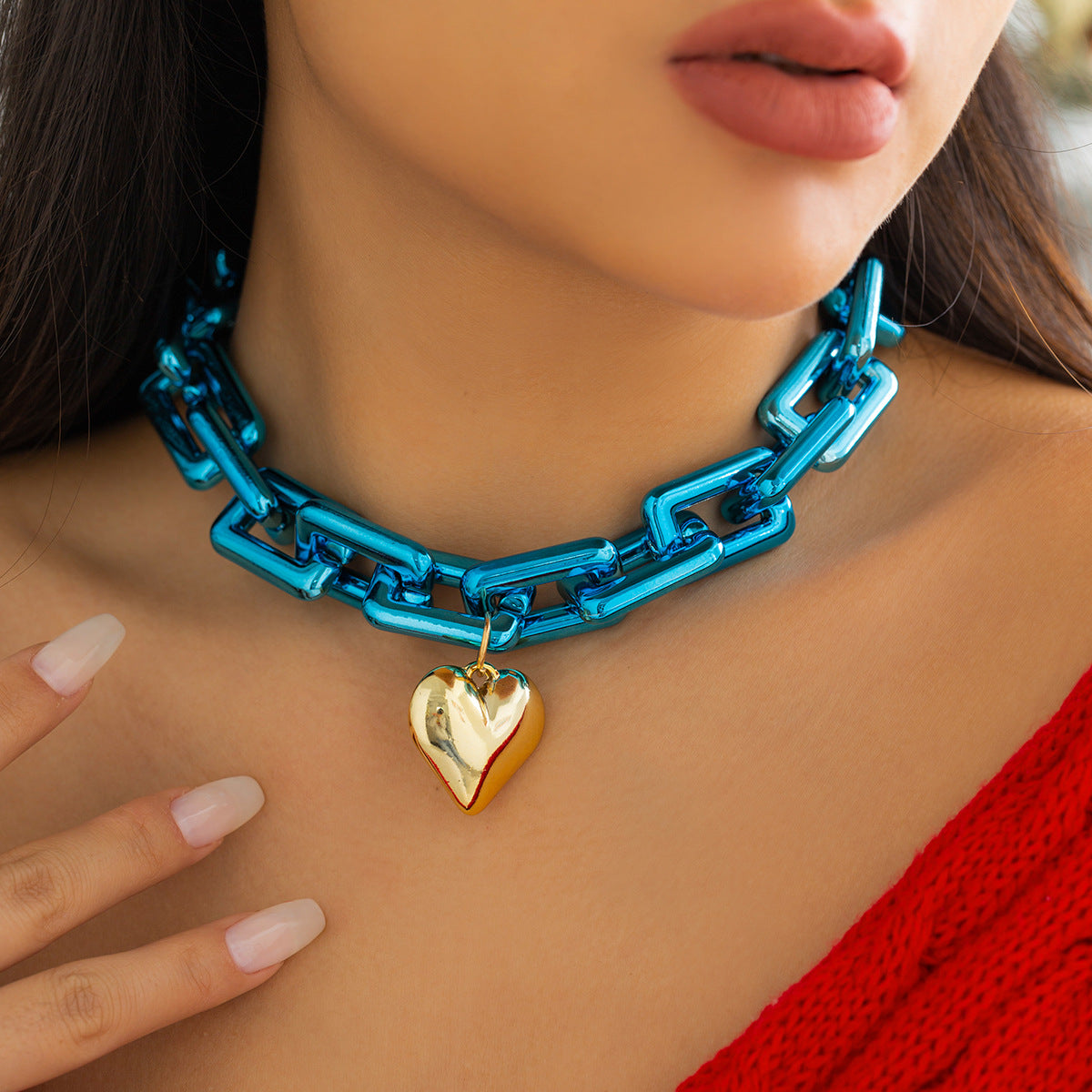 Gold Big Size Heart Y2K Punk Choker Chunky Chain Necklace