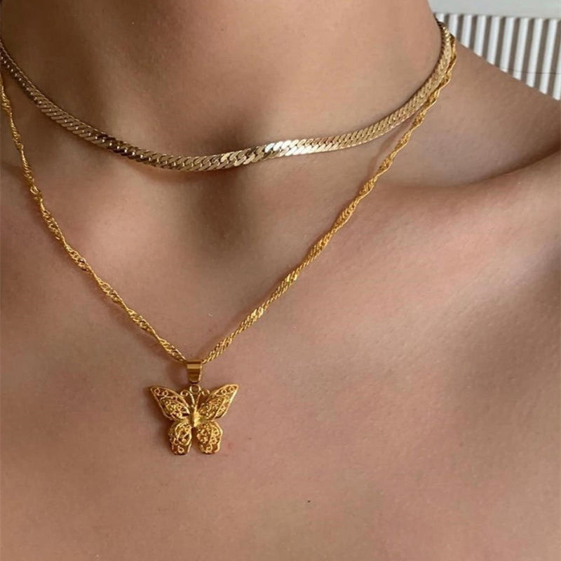 golden butterfly pendant vintage chain necklace