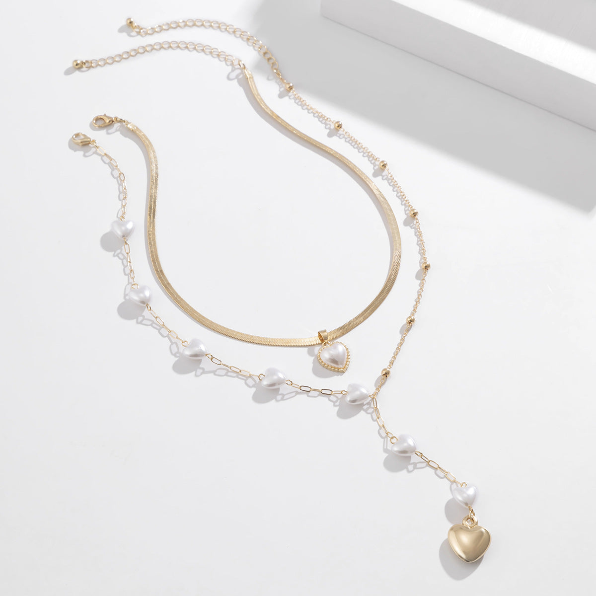 Golden Chain Heart Shape Pearl Layered Necklace