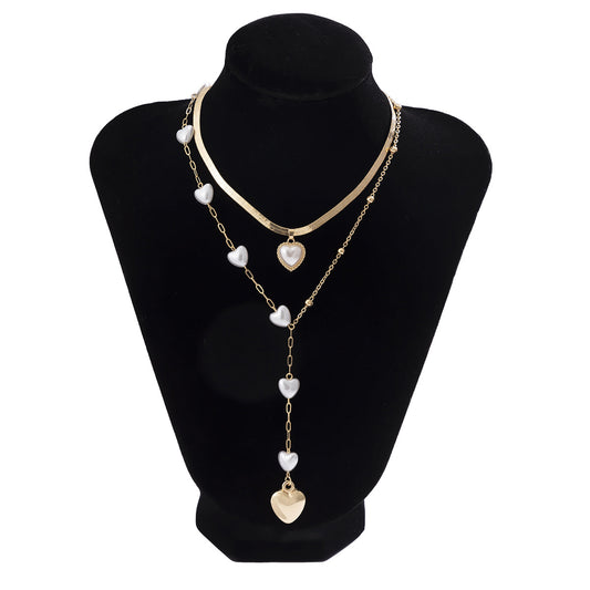 Golden Chain Heart Shape Pearl Layered Necklace