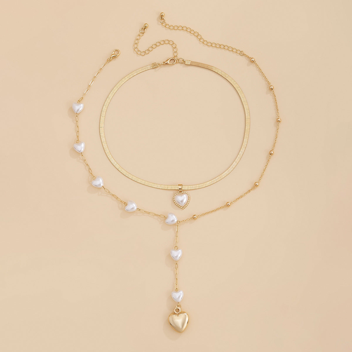 Golden Chain Heart Shape Pearl Layered Necklace