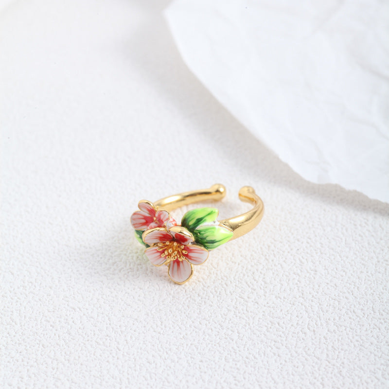 hand painted enamel glaze flower leaf ring