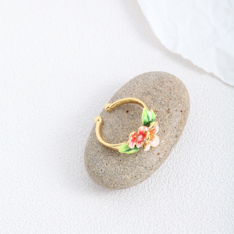 hand painted enamel glaze flower leaf ring