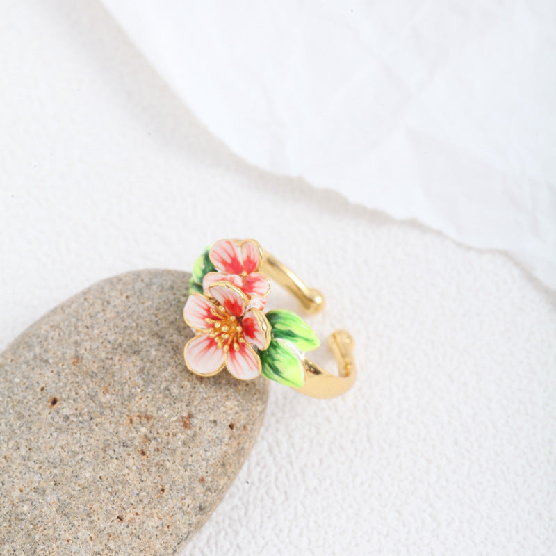 hand painted enamel glaze flower leaf ring