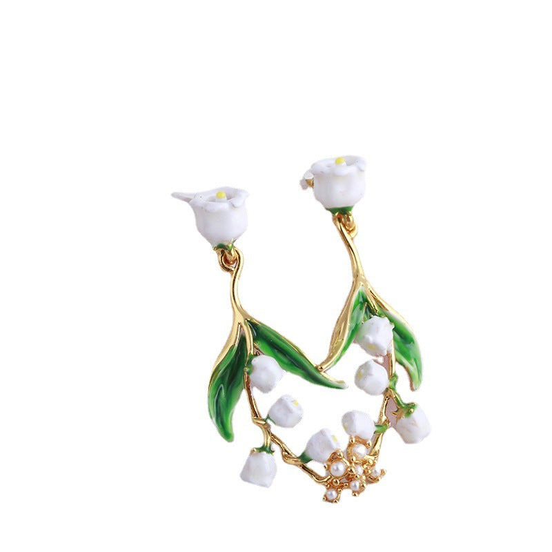 Hand Painted Enamel Glaze Retro White Lily of the Valley Flower Earrings