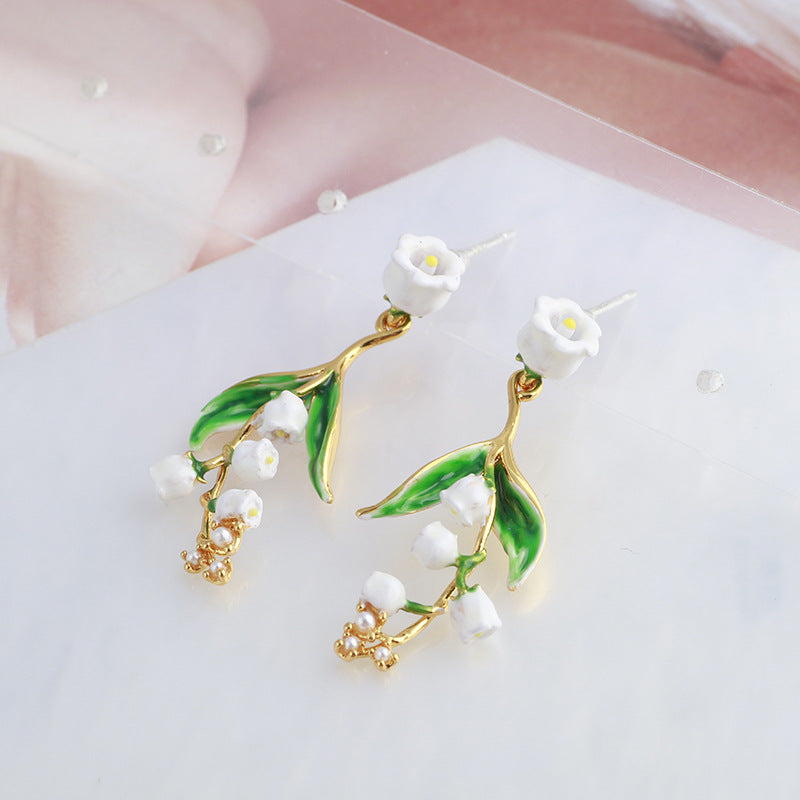 Hand Painted Enamel Glaze Retro White Lily of the Valley Flower Earrings