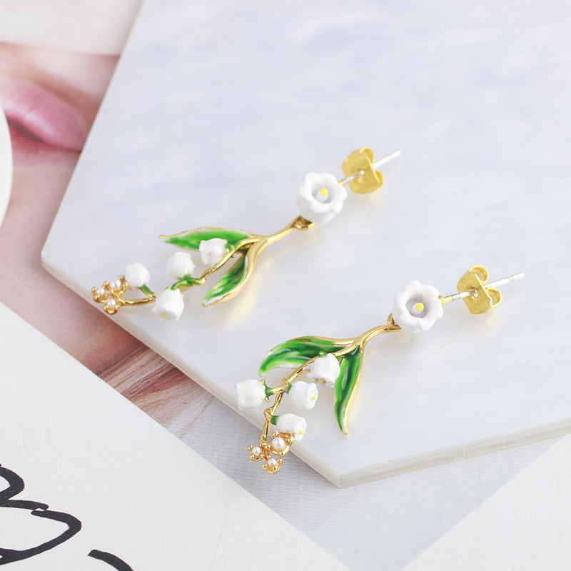 Hand Painted Enamel Glaze Retro White Lily of the Valley Flower Earrings