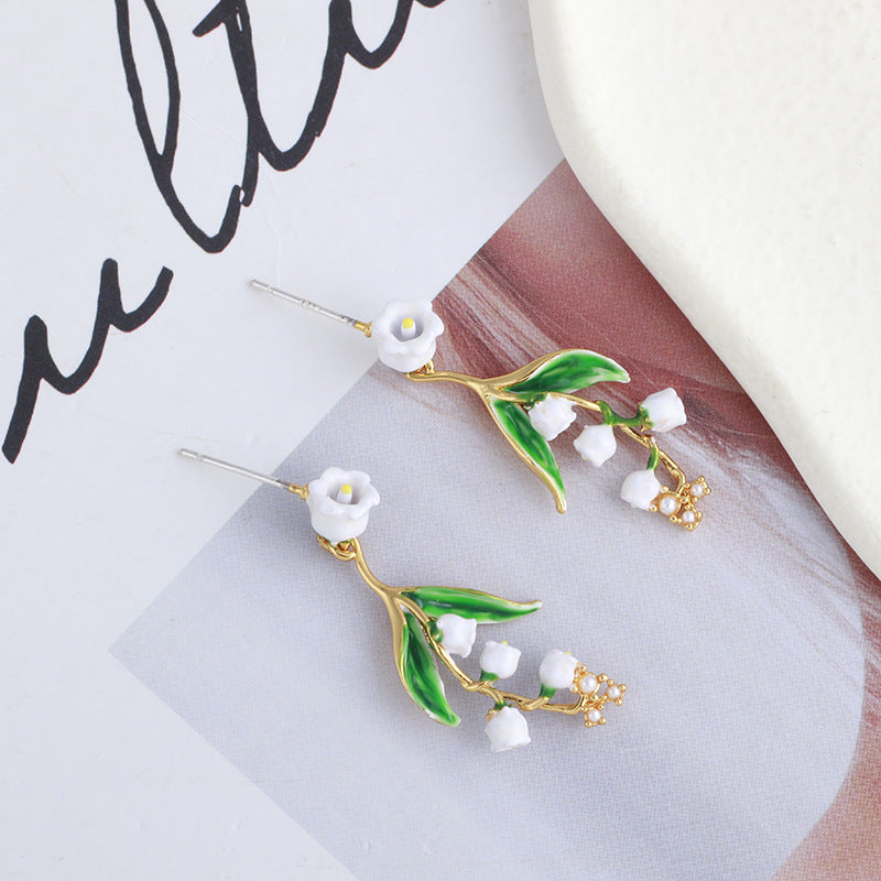 Hand Painted Enamel Glaze Retro White Lily of the Valley Flower Earrings