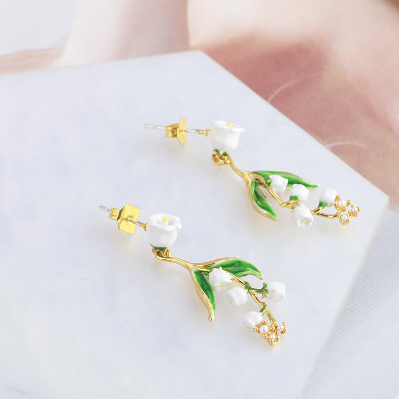 Hand Painted Enamel Glaze Retro White Lily of the Valley Flower Earrings