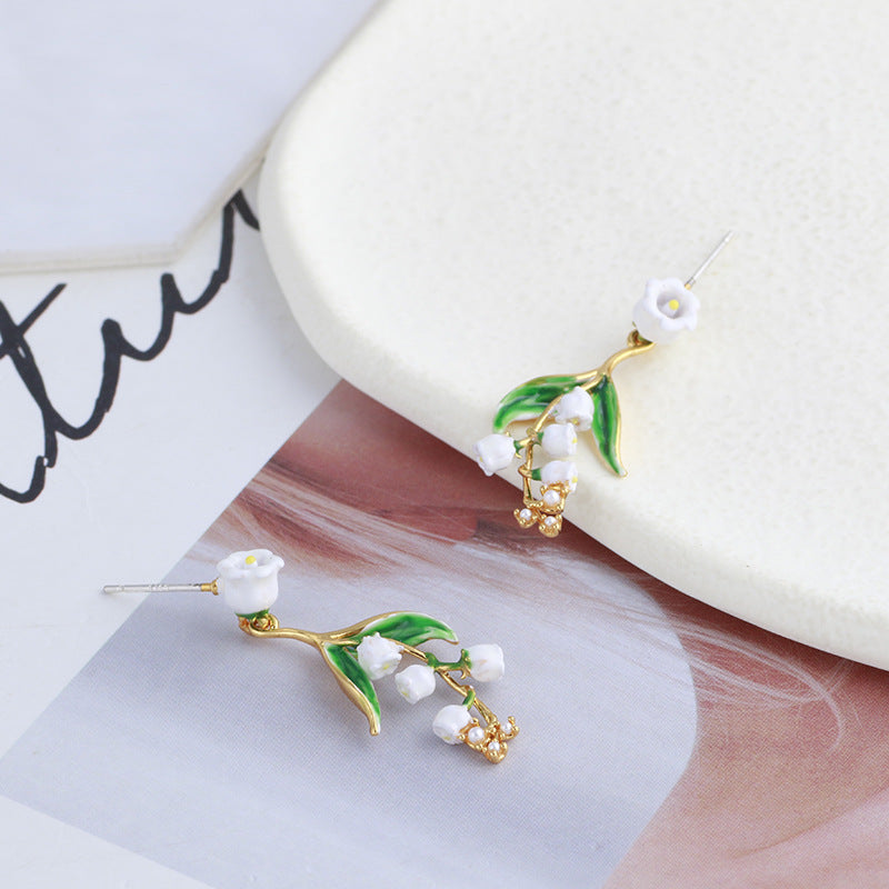 Hand Painted Enamel Glaze Retro White Lily of the Valley Flower Earrings