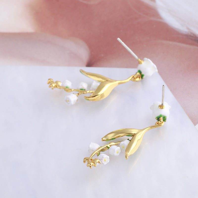 Hand Painted Enamel Glaze Retro White Lily of the Valley Flower Earrings